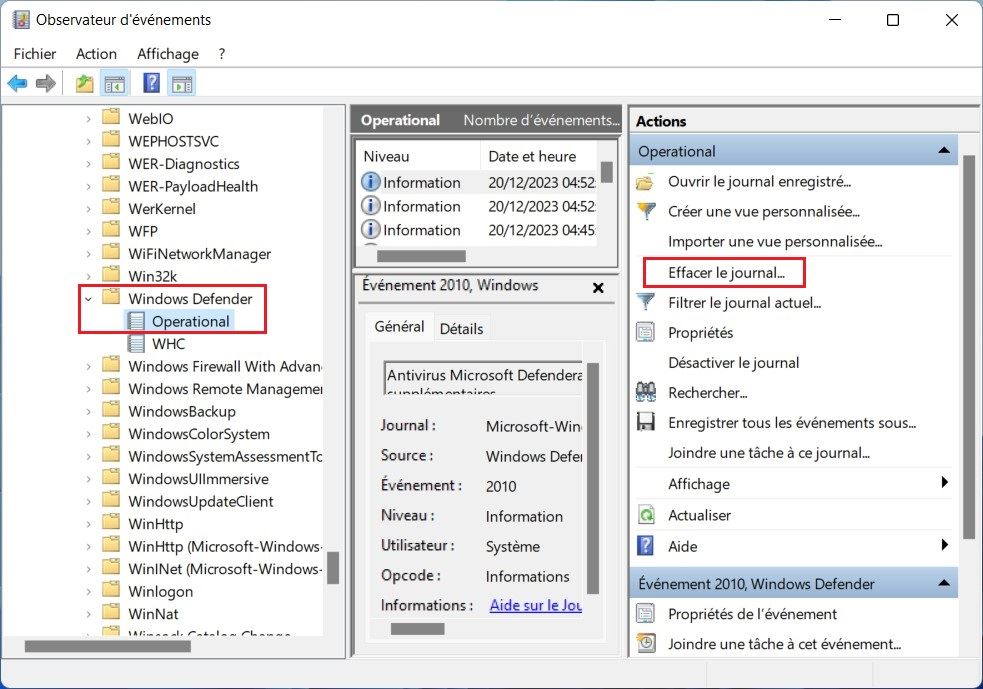 effacer l'historique de protection Windows Defender