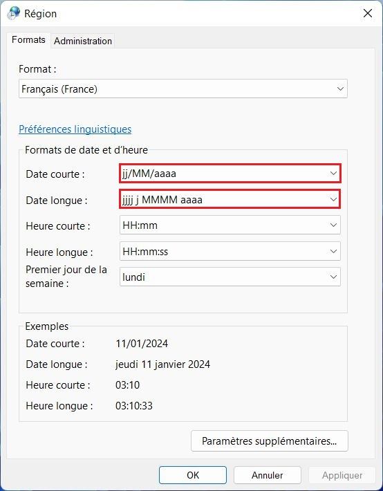 Changer le format manuellement à partir du Panneau de configuration