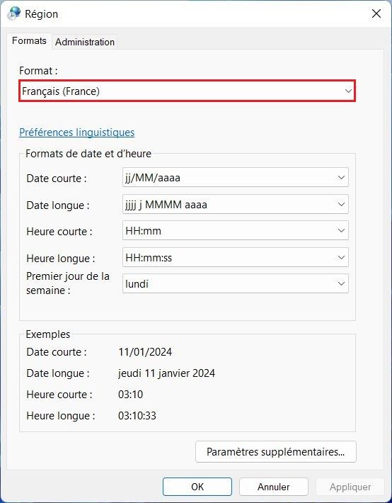 Changer le format pour un pays spécifique