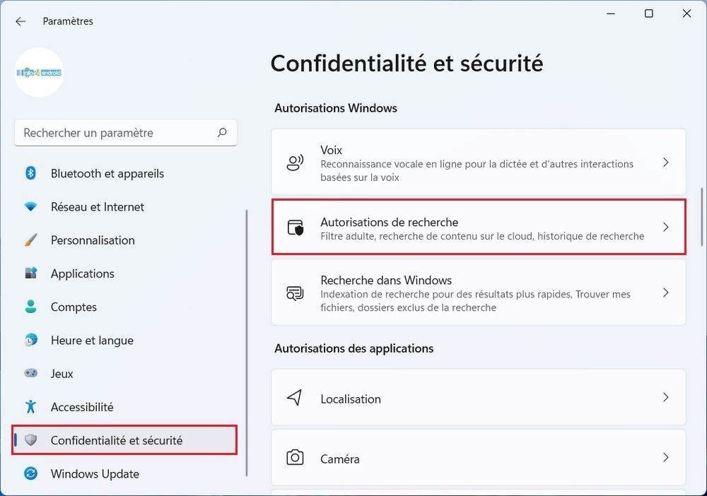 Confidentialité et sécurité Windows 11