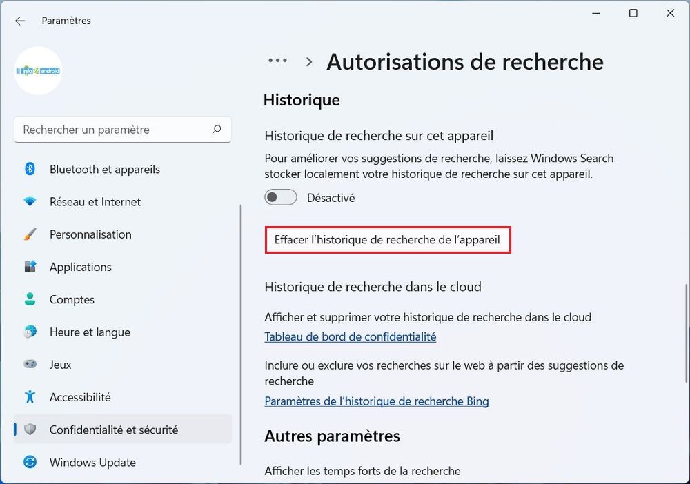 Effacer l'historique de recherche Windows