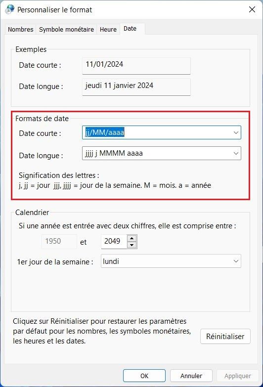 Formats de date sur Windows 11