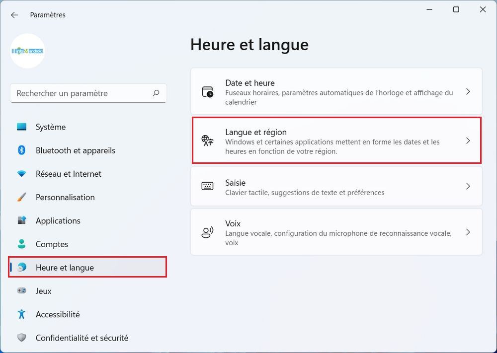 Heure et langue Windows 11