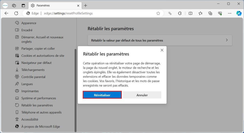 Réinitialiser Microsoft Edge