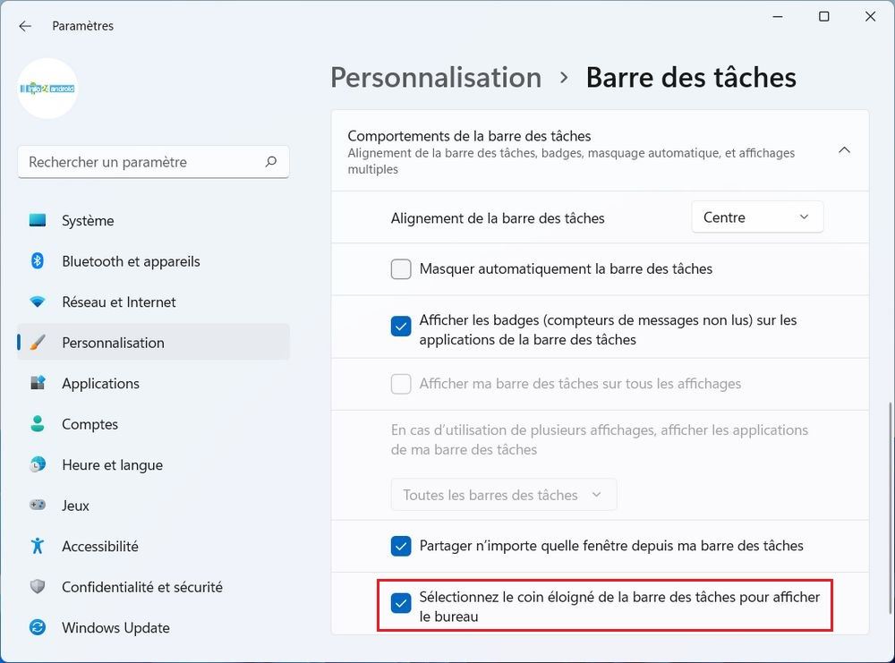 Activer le bouton Afficher le bureau