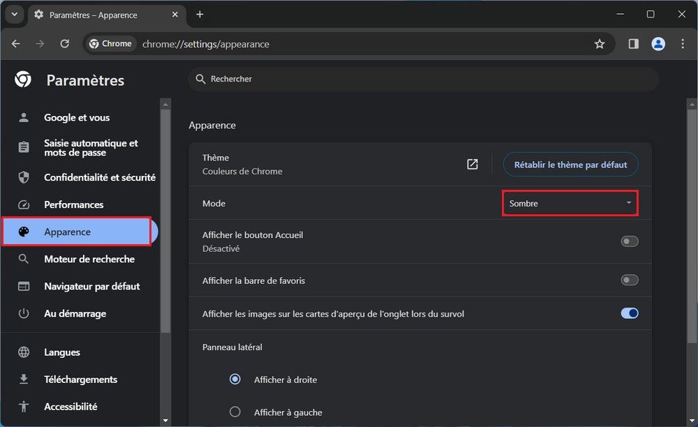 Activer le mode sombre à partir des paramètres de Chrome