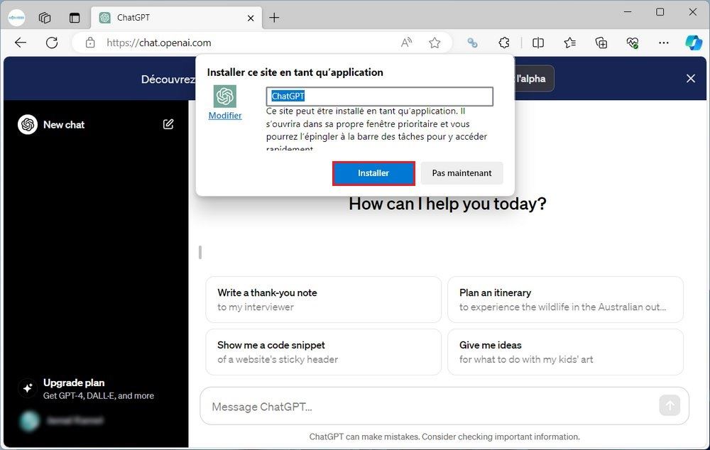 Installer ChatGPT en tant qu'application depuis Edge