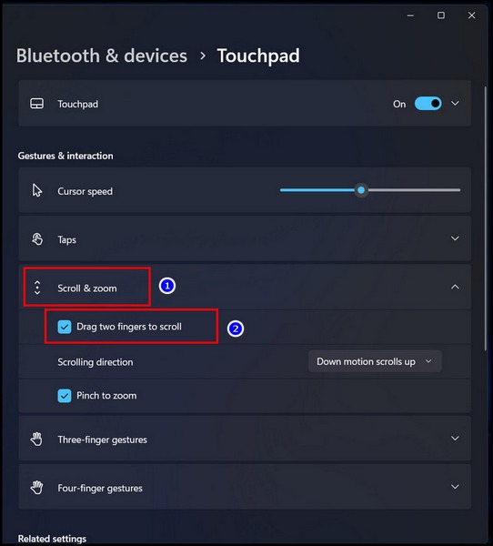 Activer le défilement à deux doigts