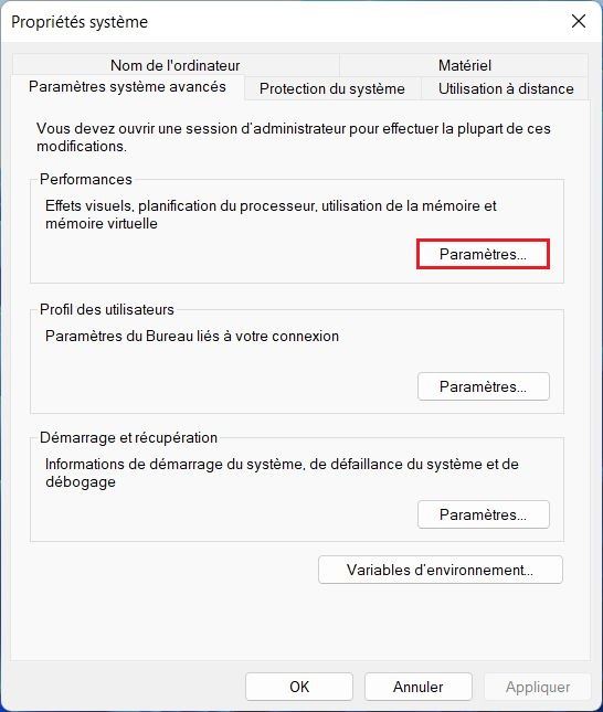 Paramètres avancés du système