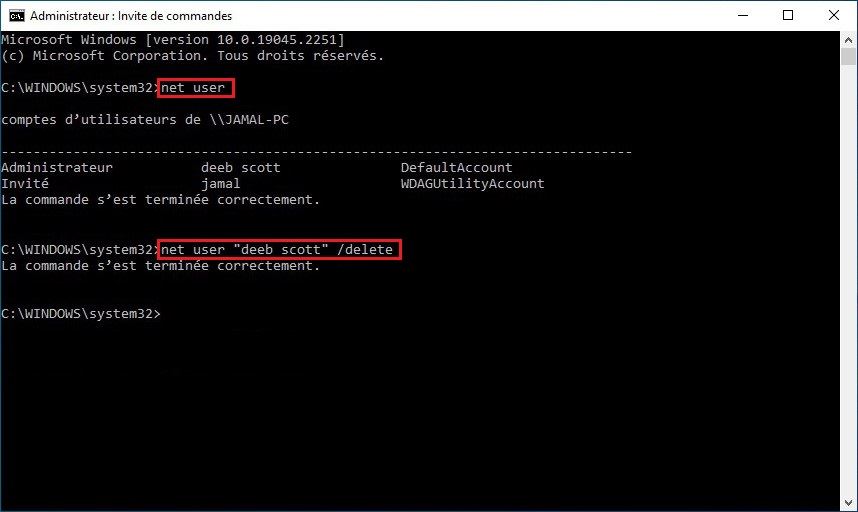 Supprimer un compte Windows 10 via l'invite de commande