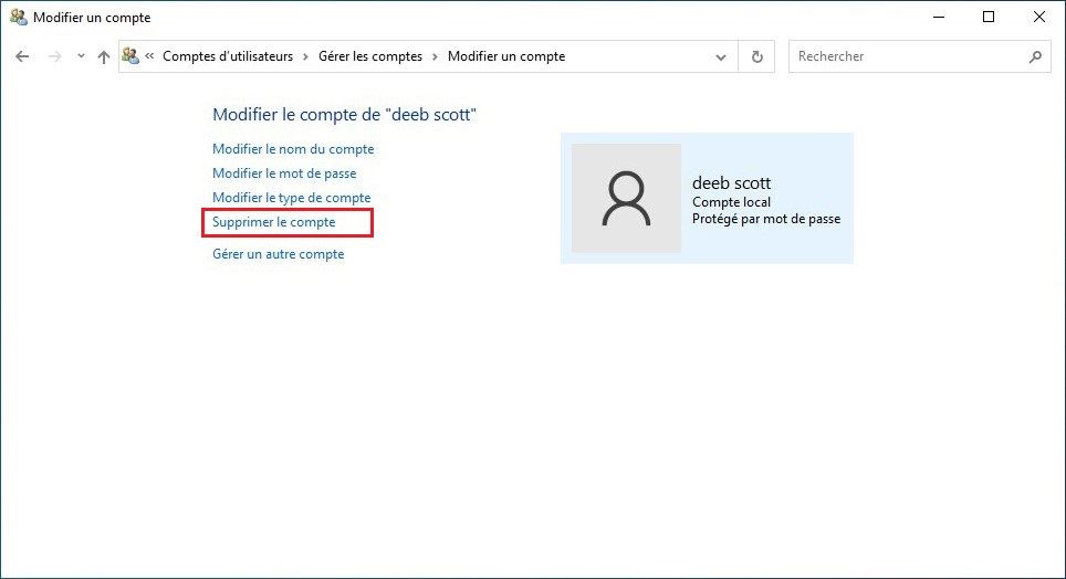 Supprimer un compte utilisateur Windows 10 avec le panneau de configuration