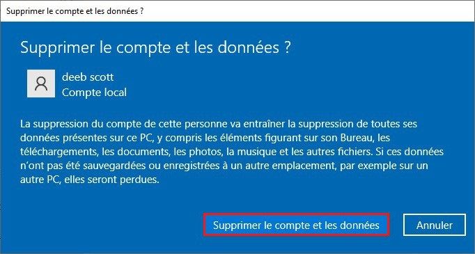 Supprimer un compte utilisateur à partir des paramètres