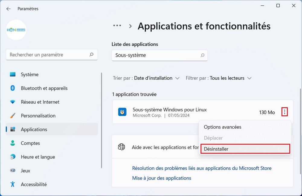 Désinstaller le Sous-système Windows pour Linux