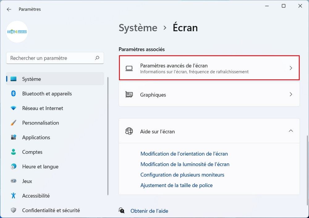 Paramètres avancés de l'écran