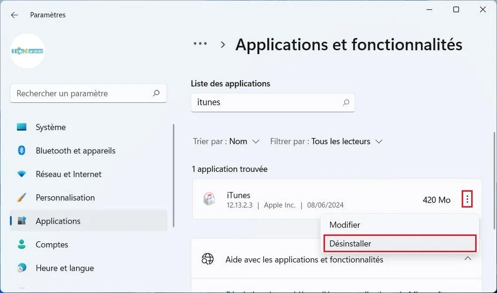 Désinstaller iTunes sous Windows