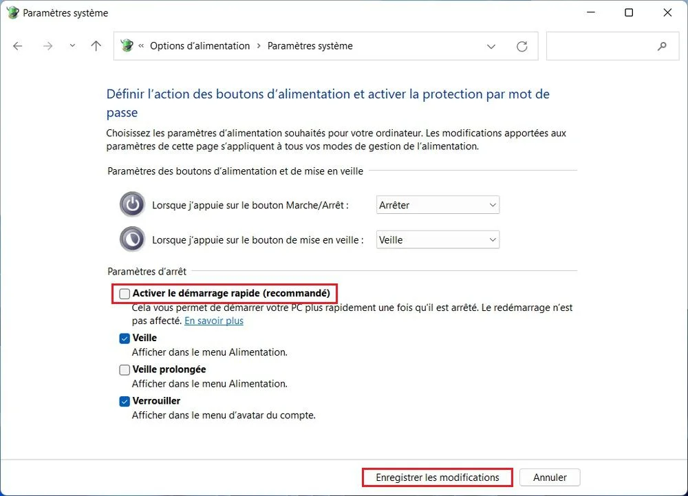 Désactiver le démarrage rapide via le Panneau de configuration