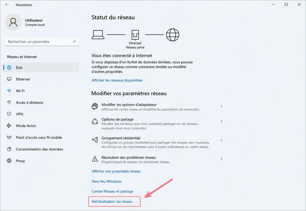 Réinitialiser le réseau sur Windows 10