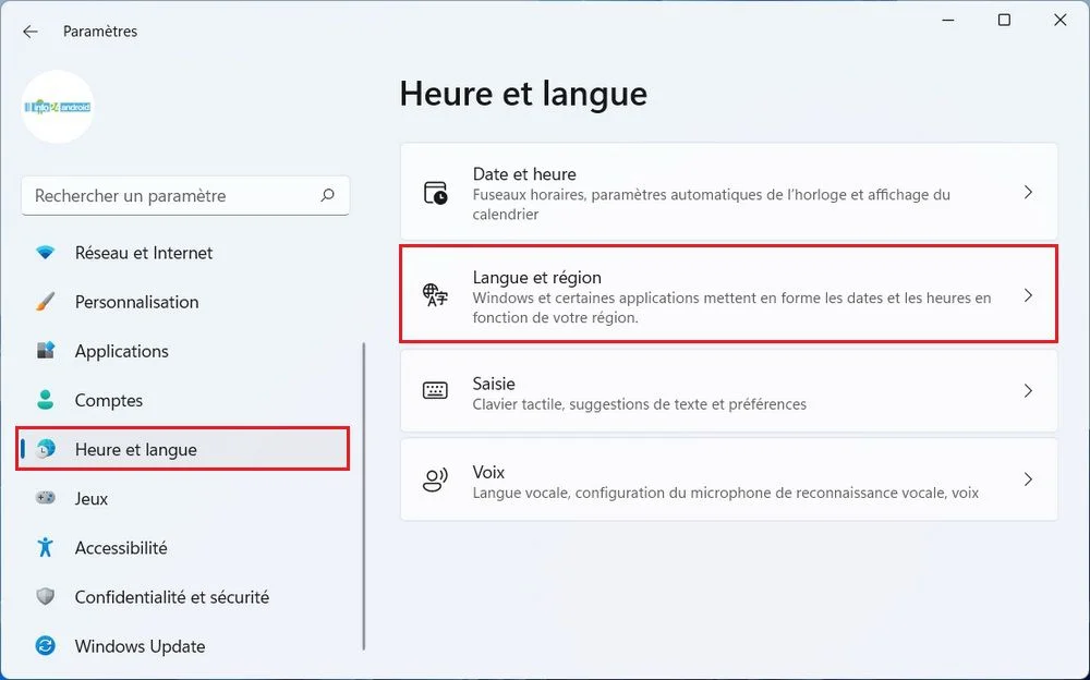 Heure et langue Windows 11