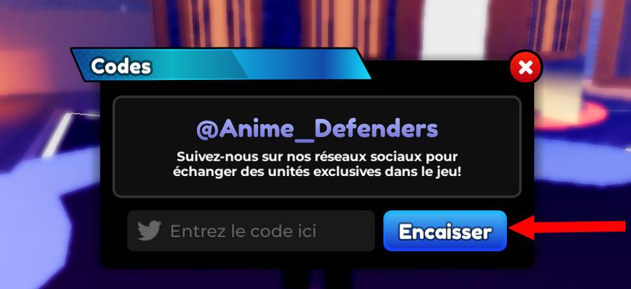 Activer un code dans Anime Defenders