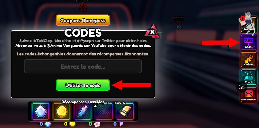 Comment utiliser les codes dans Anime Vanguards