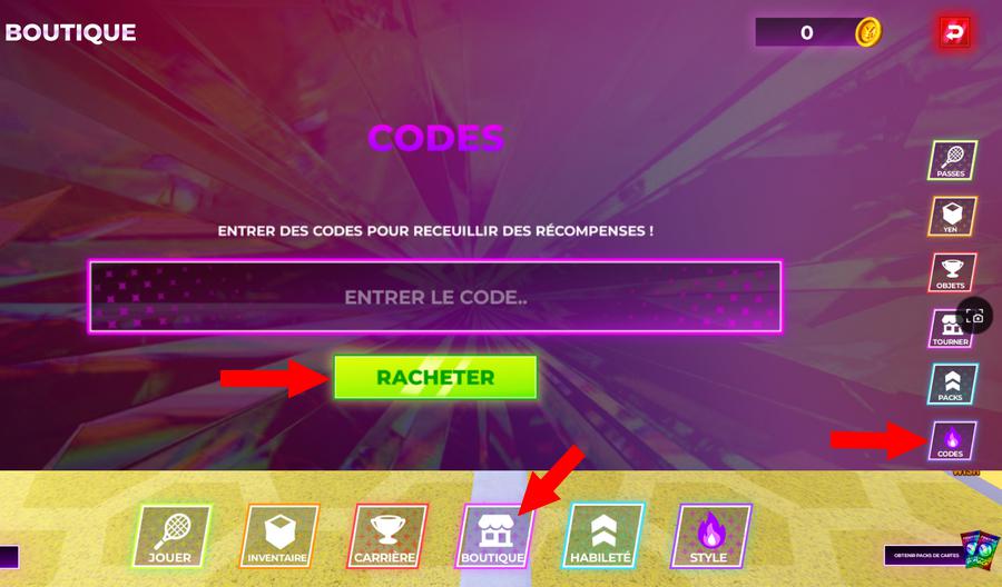 Comment utiliser les codes dans Tenisu Titans