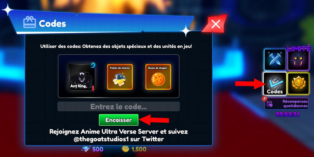 Activer les codes dans Anime Ultra Verse