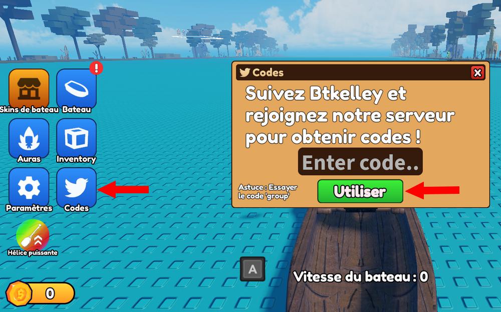 Activer les codes dans Aura Farm Boat Racing