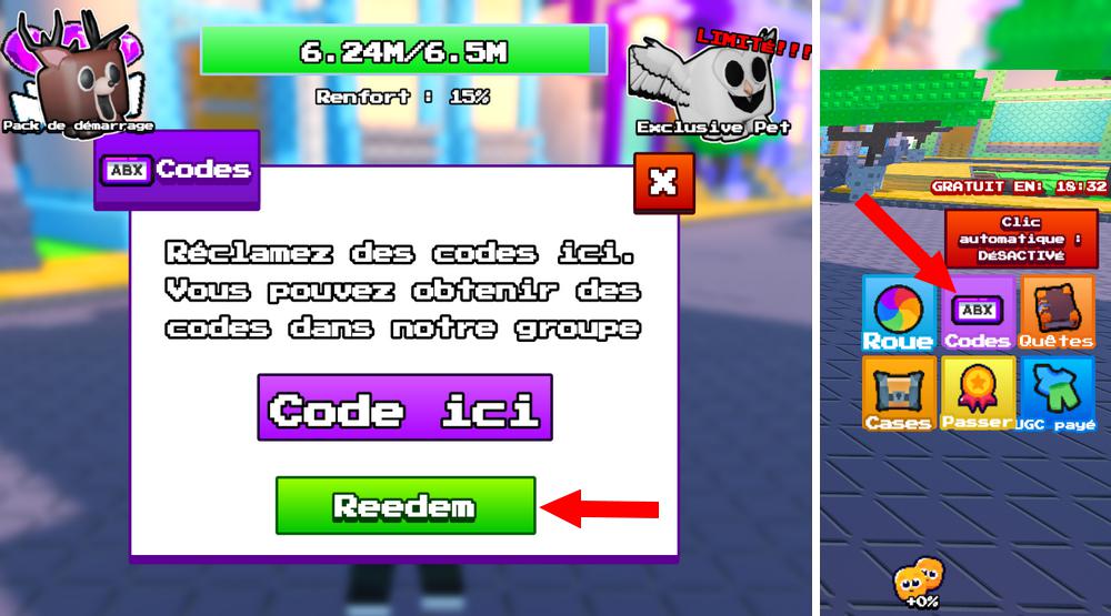 Activer les codes dans Click For Free UGC Items