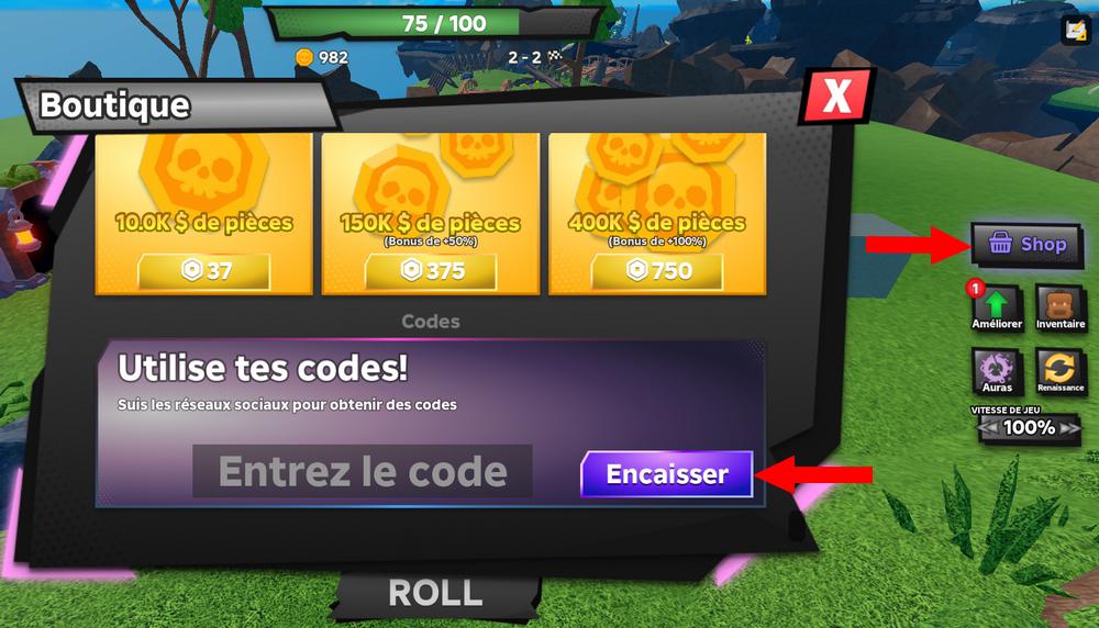 Activer les codes dans Tower Defense RNG