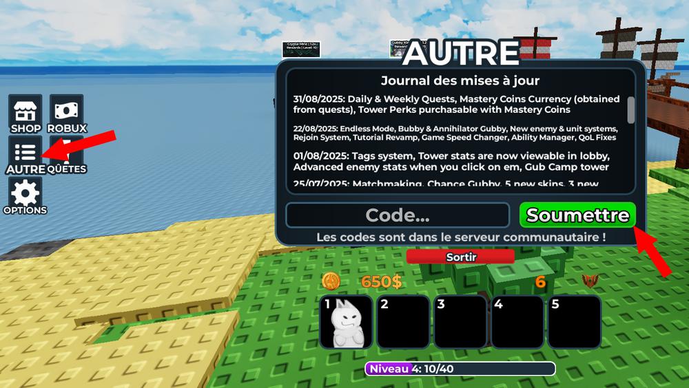 Activer les codes dans Gubby Tower Defense