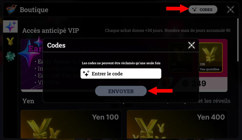 Activer les codes dans Racket Rivals