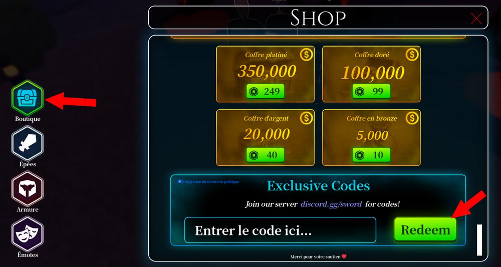 Activer les codes dans Sword League