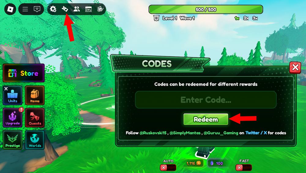 Activer les codes dans Anime Defense RNG