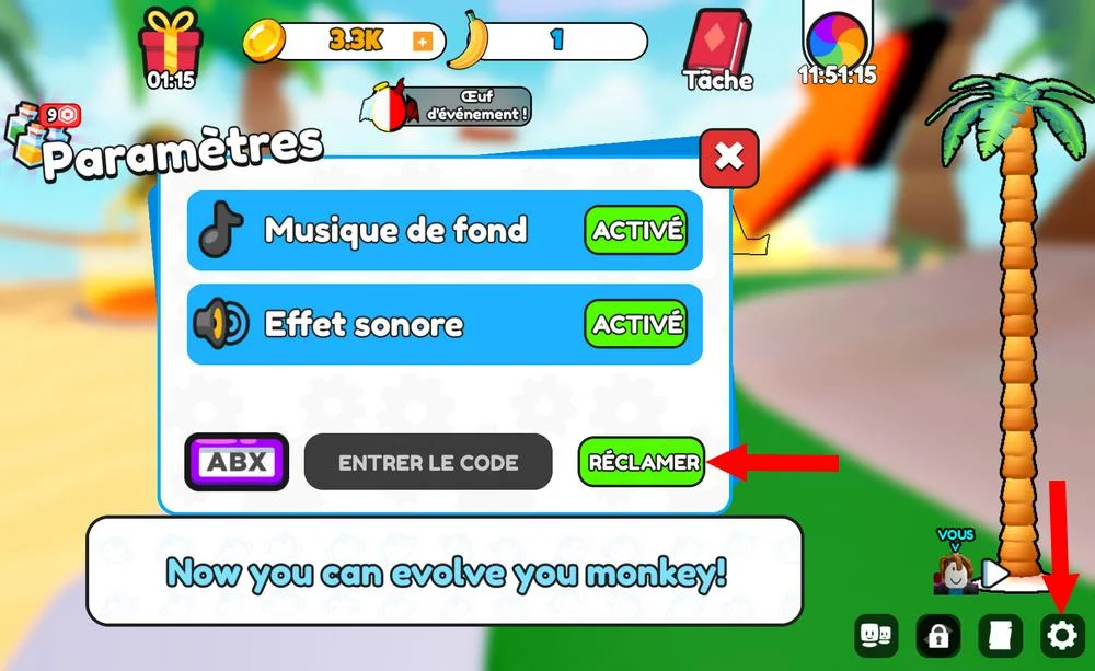 Utiliser les codes dans Monkey Climb