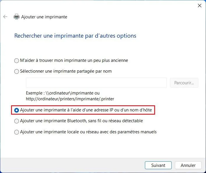 Ajouter une imprimante à l'aide d'une adresse IP ou d'un nom d'hôte