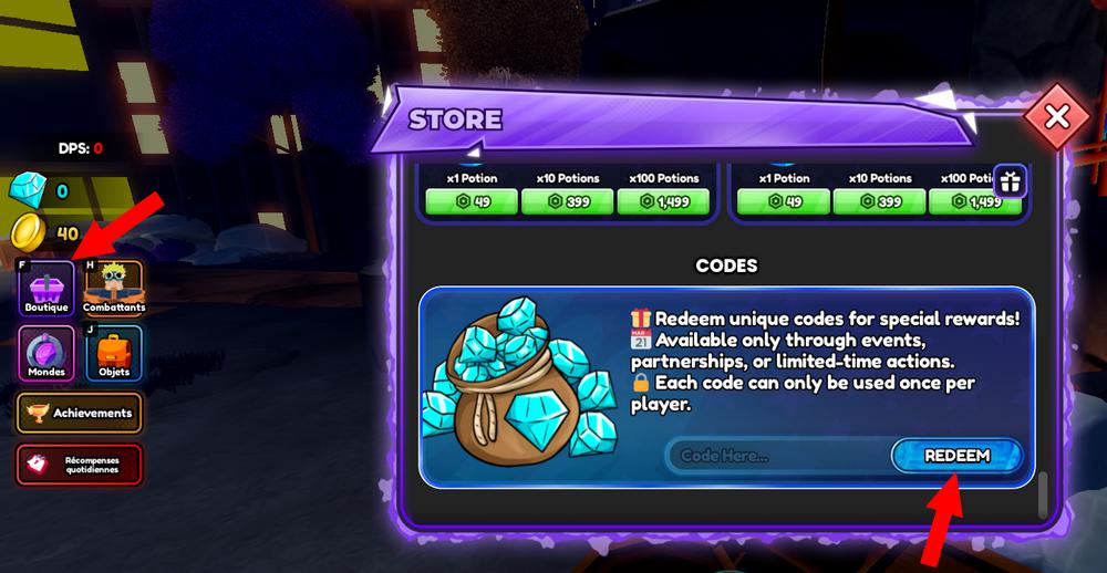 Utiliser les codes Anime Fight