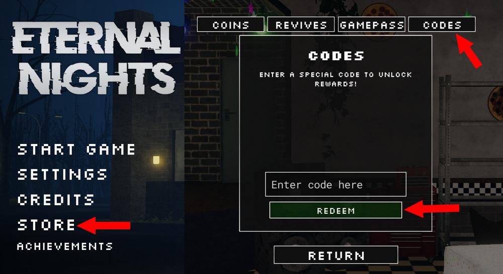 Utiliser les codes dans FNAF Eternal Nights