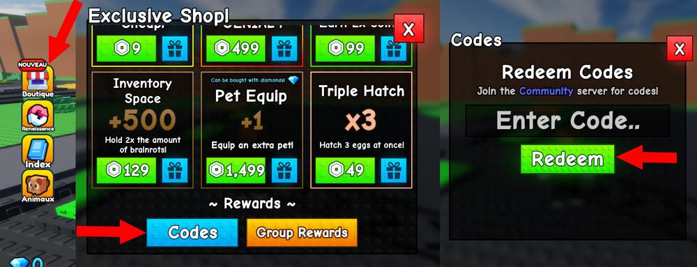 Utiliser les codes dans Spin a Brainrot