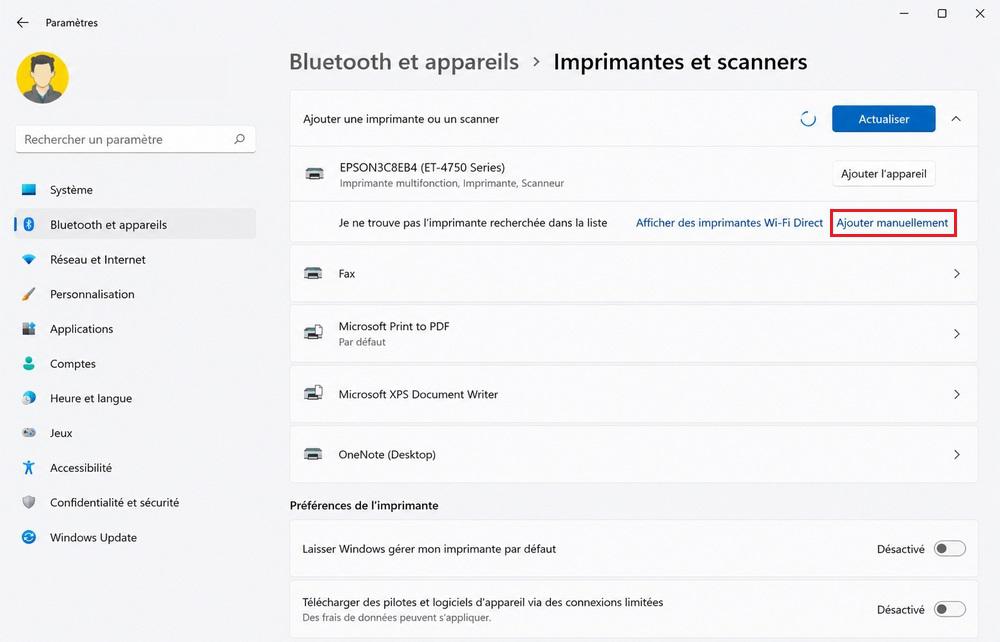 ajouter manuellement l'imprimante depuis son adresse IP