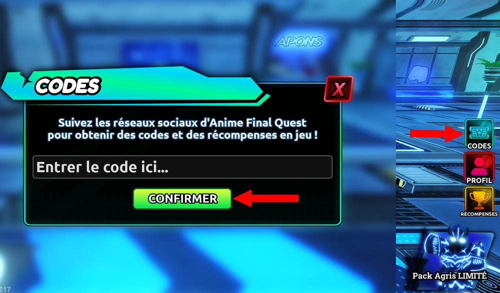 Utiliser les codes Anime Final Quest