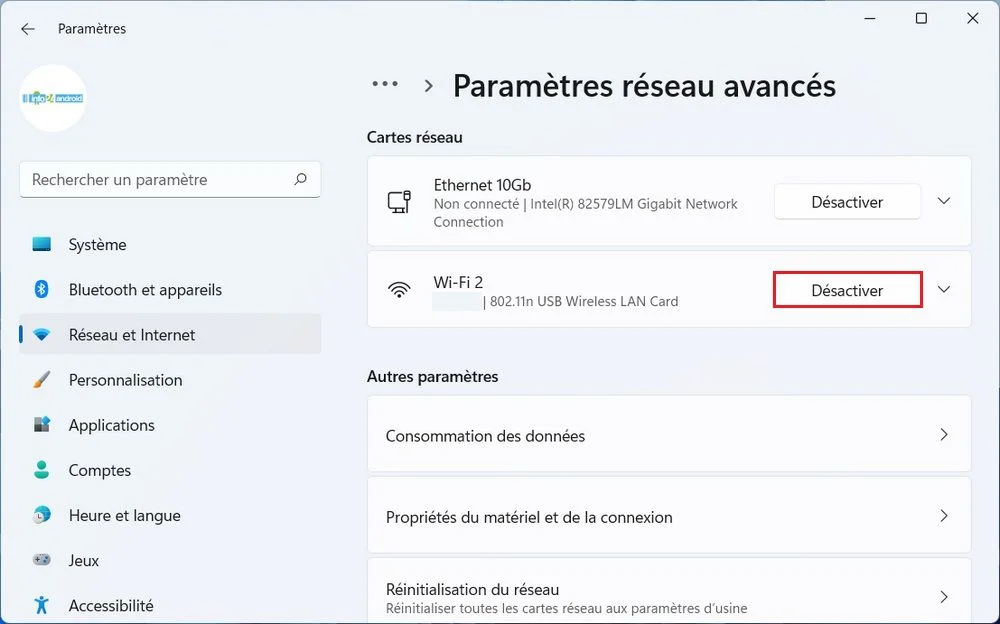 Activer la carte réseau Wi-Fi