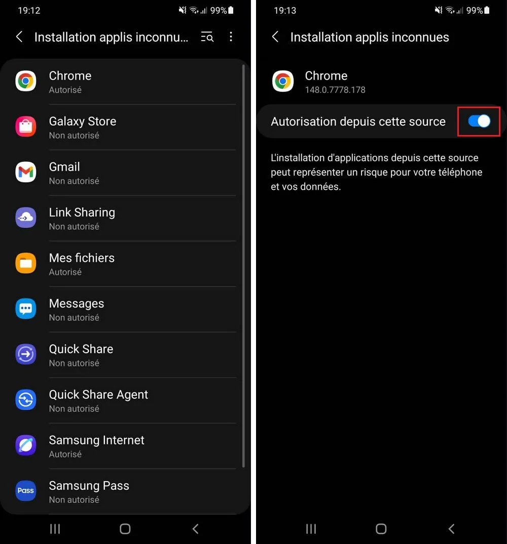 autoriser l'installation depuis des sources inconnues